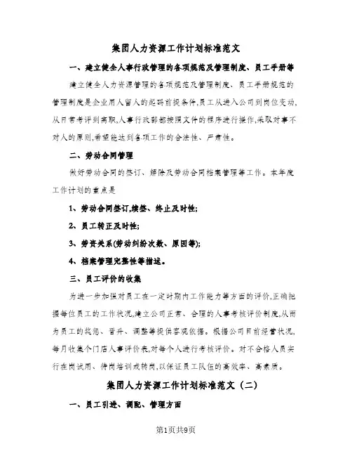 集团人力资源工作计划标准范文（2篇）