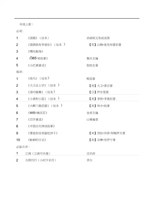 小学语文课外阅读推荐书目(1-6年级)