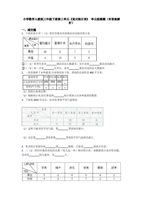 小学数学人教版三年级下册第三单元《复式统计表》 单元检测题(有答案解析)