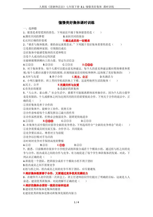 人教版《道德和法治》七年级下册 8.1 憧憬美好集体 课时训练