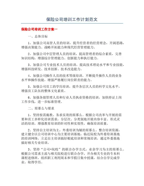 保险公司培训工作计划范文