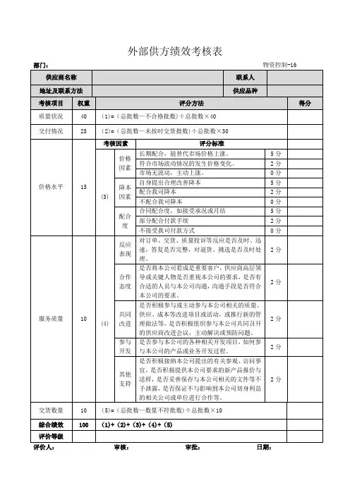 外部供方绩效考核表