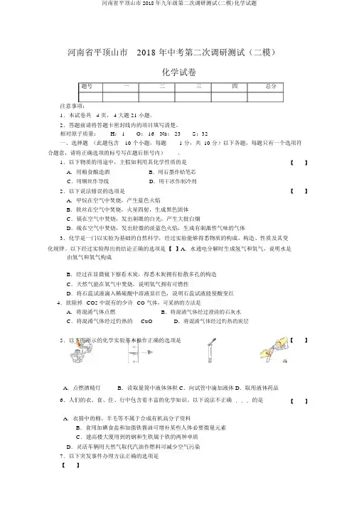 河南省平顶山市2018年九年级第二次调研测试(二模)化学试题