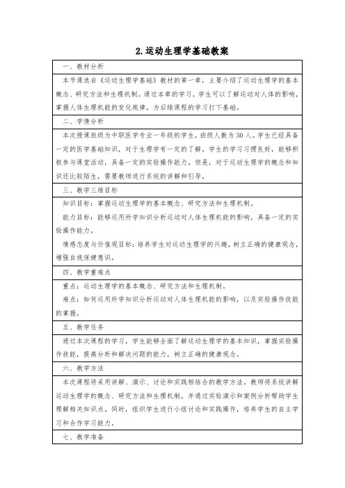 2.运动生理学基础教案