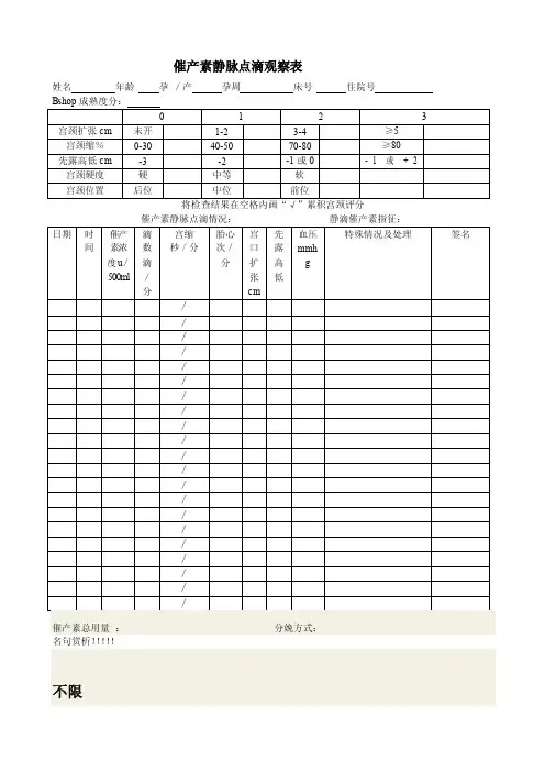 催产素静脉点滴观察表