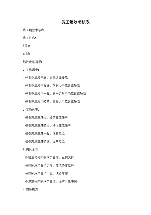 员工绩效考核表