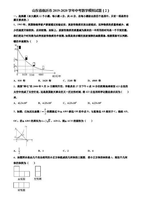 山东省临沂市2019-2020学年中考数学模拟试题(2)含解析