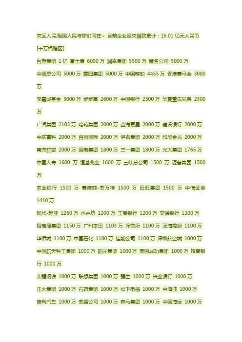 汶川地震企业捐款捐赠明细表