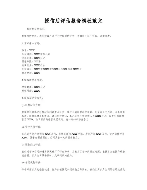 授信后评估报告模板范文