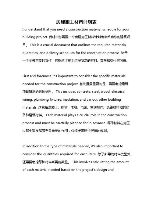 房建施工材料计划表