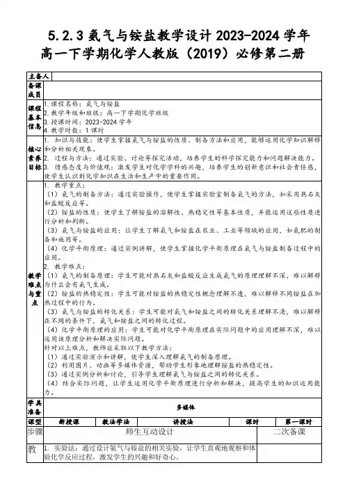 5.2.3氨气与铵盐教学设计2023-2024学年高一下学期化学人教版(2019)必修第二册