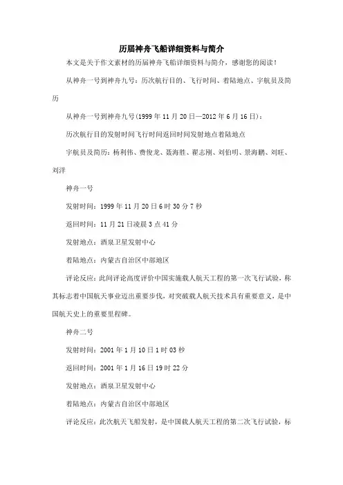 历届神舟飞船详细资料与简介_作文素材