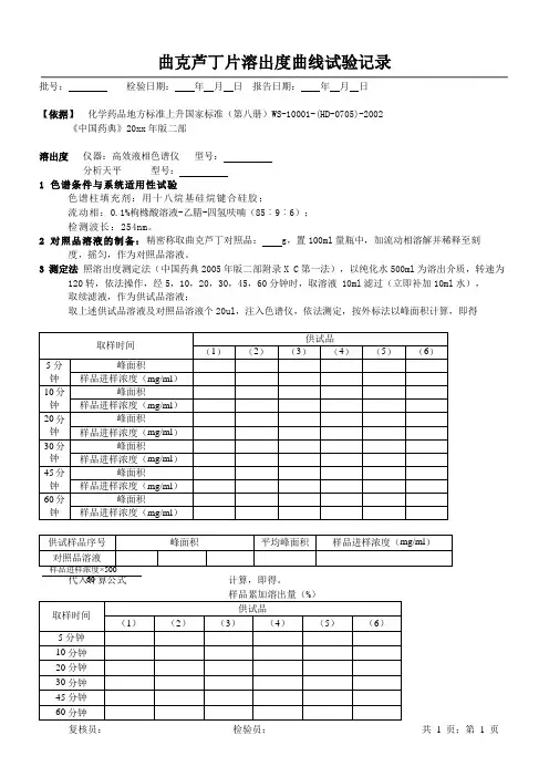 曲克芦丁片溶出曲线试验记录