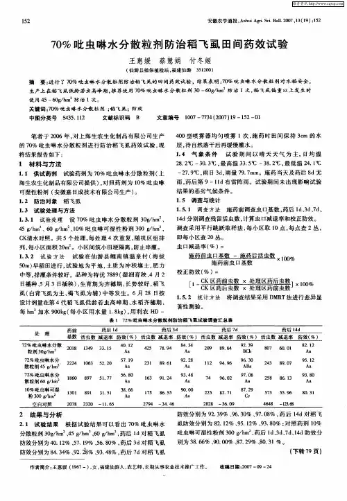70%吡虫啉水分散粒剂防治稻飞虱田间药效试验