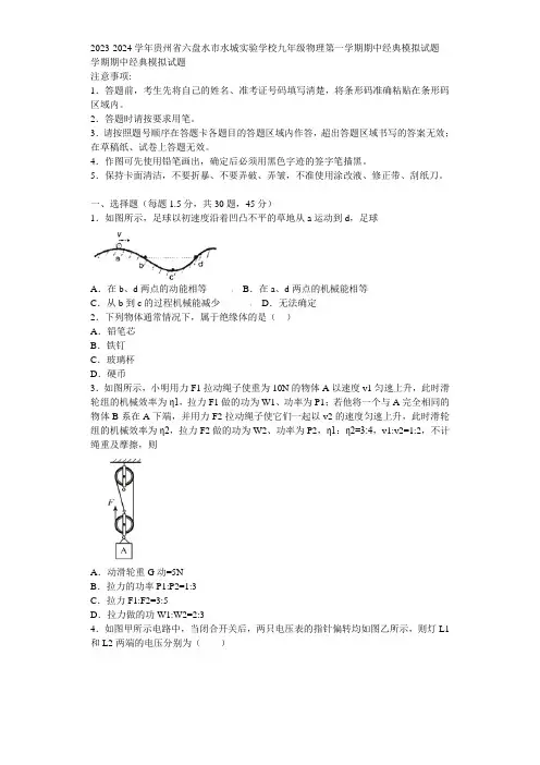 2023-2024学年贵州省六盘水市水城实验学校九年级物理第一学期期中经典模拟试题含解析