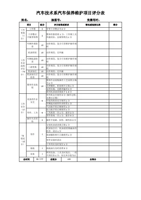 汽车二级维护评分表