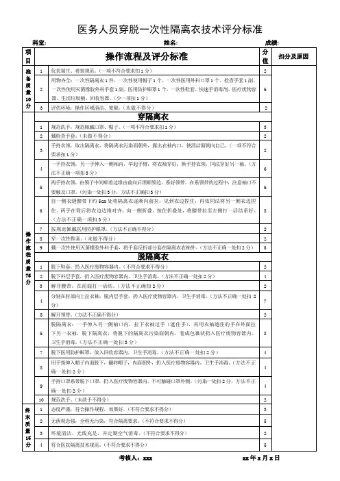 医务人员穿脱一次性隔离衣技术评分标准