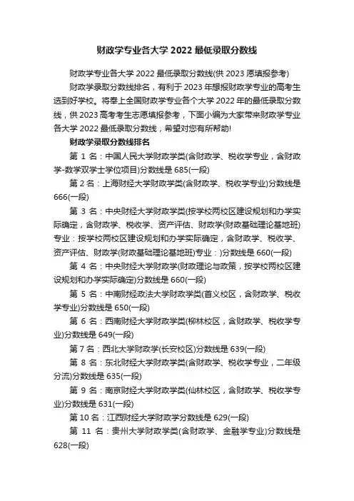 财政学专业各大学2022最低录取分数线