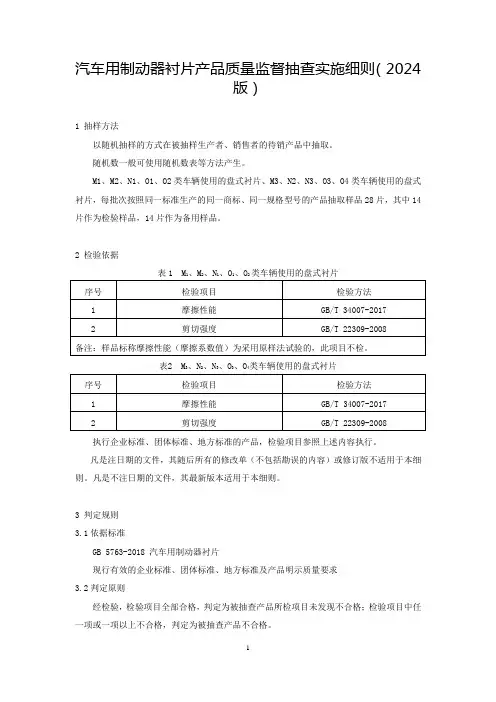汽车用制动器衬片产品质量监督抽查实施细则(2024年版)