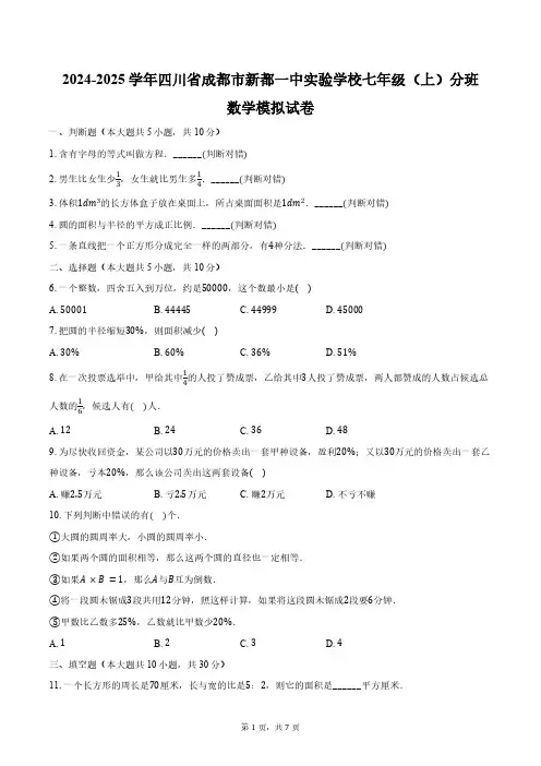 2024-2025学年四川省成都市新都一中实验学校七年级(上)分班数学模拟试卷(含答案)