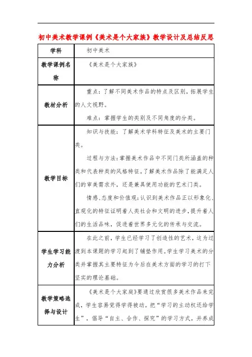 初中美术教学课例《美术是个大家族》教学设计及总结反思