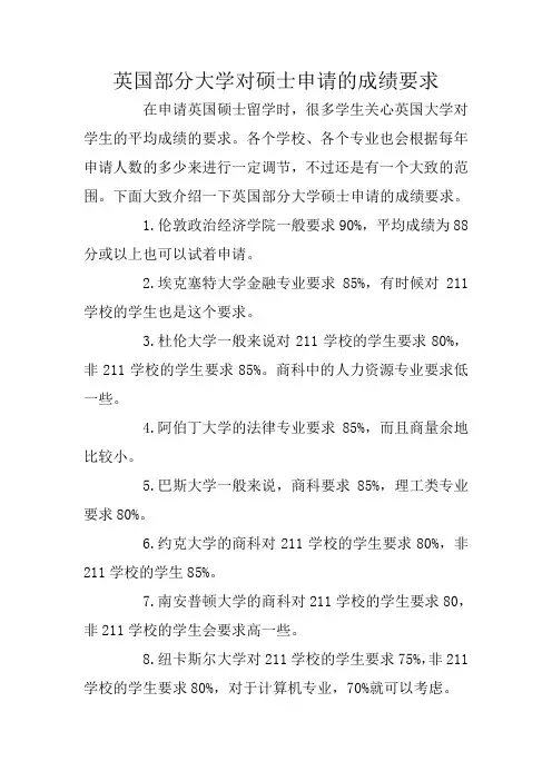 英国部分大学对硕士申请的成绩要求