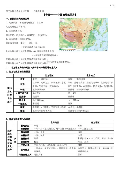2023年人教版初中地理会考复习+知识点汇总+八年级下册
