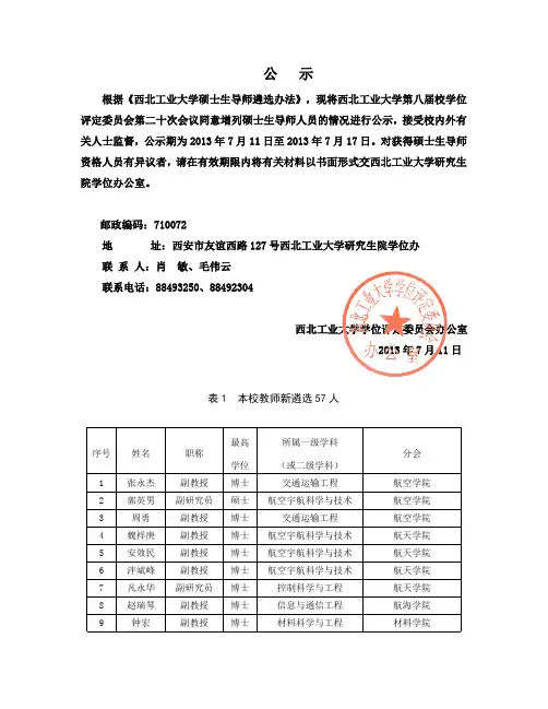 2013年7月11日遴选硕士生指导教师公示名单