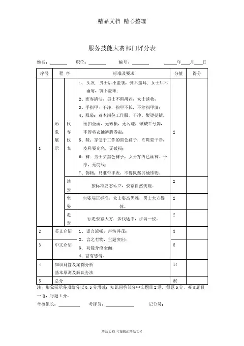 服务技能大赛部门评分样表