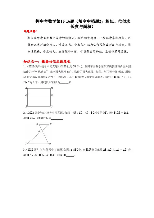 中考数学第15-16题(填空中档题2：相似、位似求长度与面积)考前预测