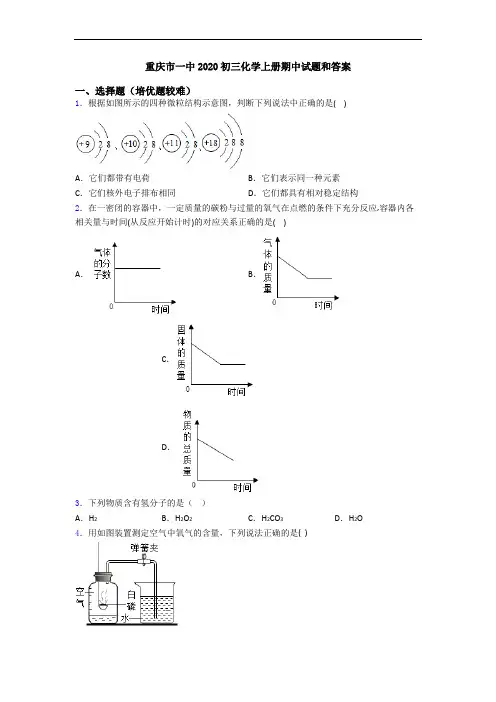 重庆市一中2020初三初三化学上册期中试题和答案
