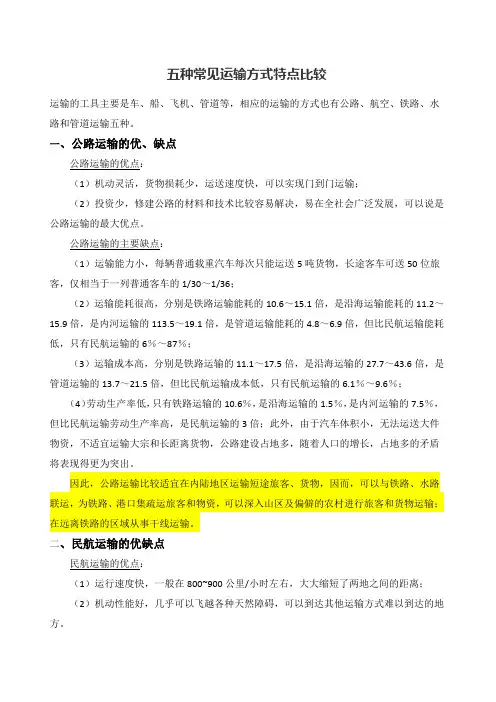 五种常见运输方式特点比较