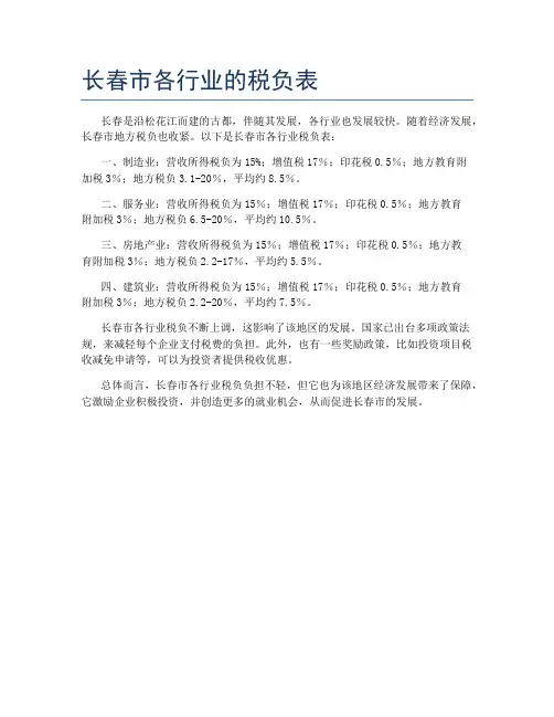 长春市各行业的税负表
