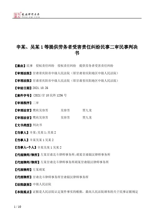 辛某、吴某1等提供劳务者受害责任纠纷民事二审民事判决书
