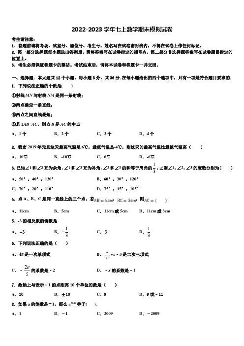 2022-2023学年广东省深圳市深圳实验学校初中部联考七年级数学第一学期期末学业水平测试试题含解析