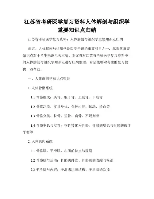 江苏省考研医学复习资料人体解剖与组织学重要知识点归纳