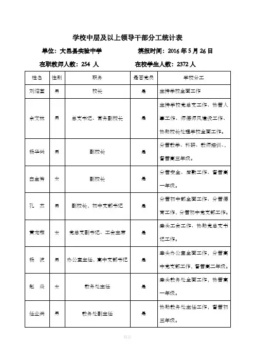 学校中层及以上领导干部分工统计表