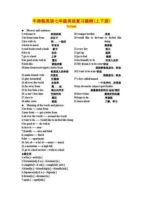 牛津版英语七年级英语复习提纲(上下册)
