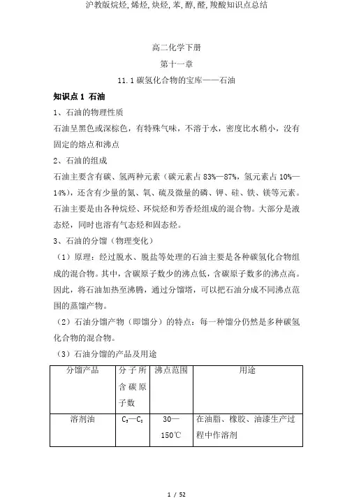 沪教版烷烃,烯烃,炔烃,苯,醇,醛,羧酸知识点总结