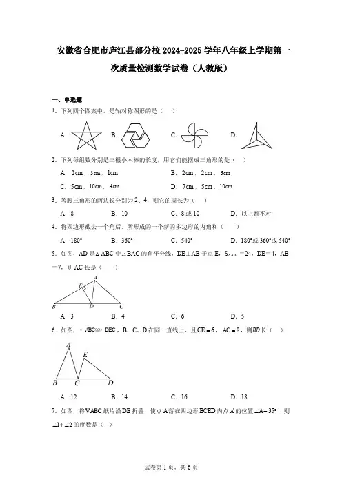 安徽省合肥市庐江县部分校2024-2025学年八年级上学期第一次质量检测数学试卷(人教版)