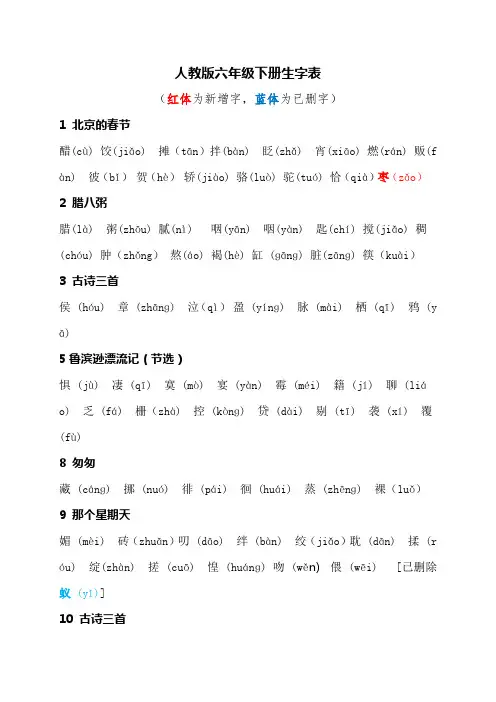 人教版六年级下册生字表