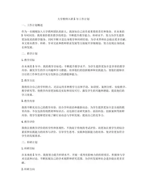 大学教师入职5年工作计划
