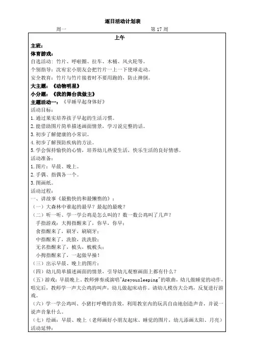 幼儿园班级逐日计划第17周