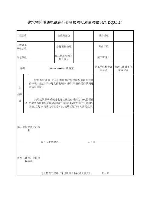 DQ3114建筑物照明通电试运行分项检验批质量验收记录工程文档范本