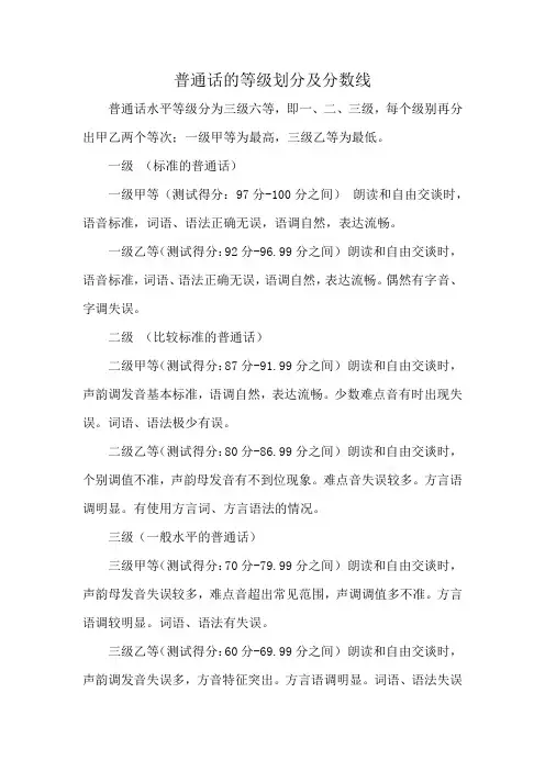 普通话的等级划分及分数线