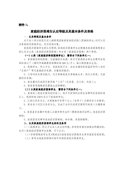 家庭经济困难生认定等级及其基本条件及表格