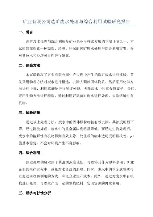 矿业有限公司选矿废水处理与综合利用试验研究报告