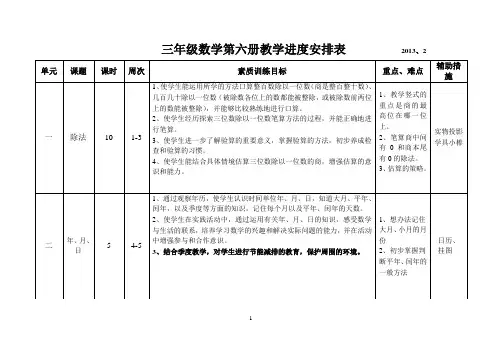 苏教版三年级下册数学教学进度安排表