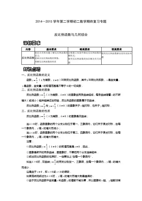 江苏省苏州市2014—2015学年第二学期初二数学期终复习专题 反比例函数与几何综合