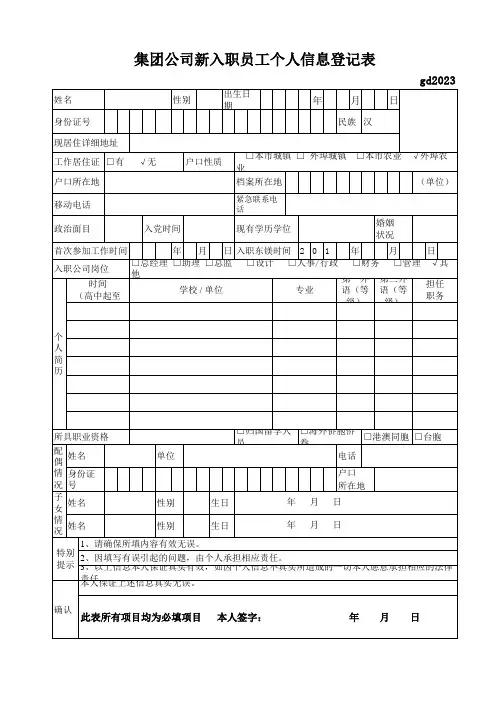 集团公司新员工入职申请简历表